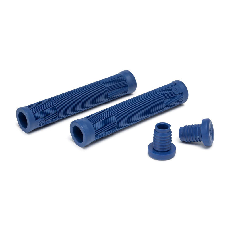 SALT EX GRIPS blue flangeless bike handlebar grips with push-in bar ends.