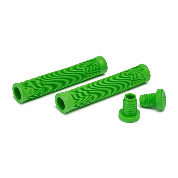 SALT EX GRIPS in neon green with thin diameter and flangeless design, featuring soft kraton material and SALT push-in bar ends.