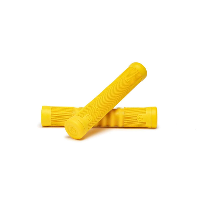 SALT EX Grips in yellow, thin diameter, soft kraton compound, flangeless design.