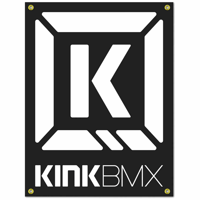 KINK BMX BANNER large black hanging wall banner with white logo and grommets, 29 by 38 inches