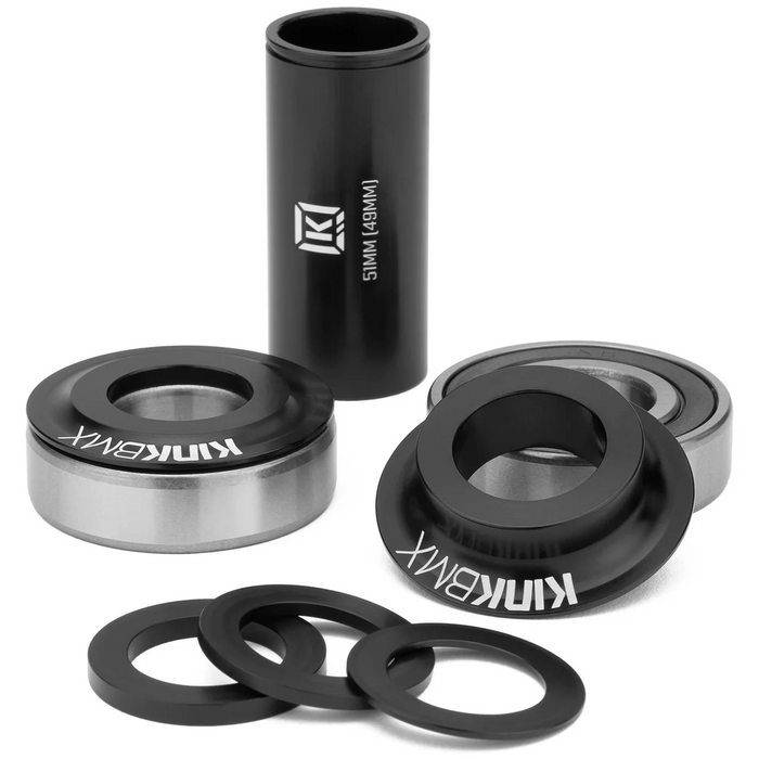 KINK mid size bottom bracket set with precision sealed bearings, aluminum spacers, and dust cover cones for crank alignment