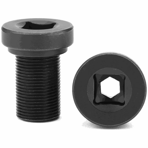 Pair of black spindle crank bolts for Kink Brace cranks with hex and square socket heads.