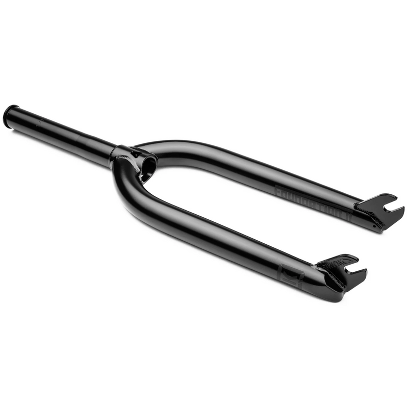 Black KINK FOUNDATION II BMX bike fork with tapered 4130 chromoly steel legs and CNC machined steerer tube.