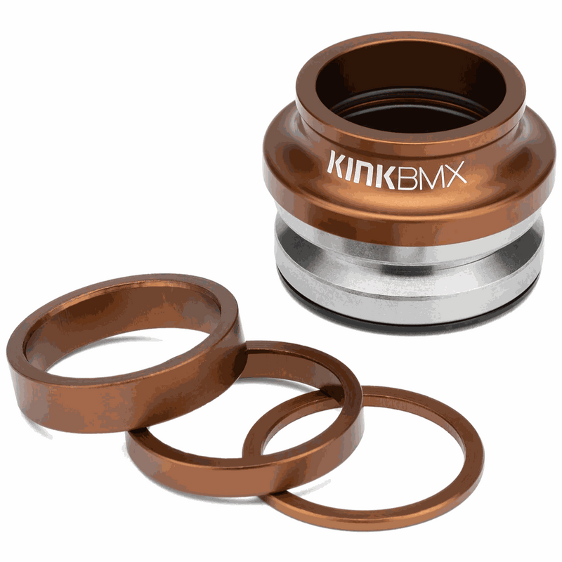 Kink Integrated BMX headset with sealed bearings, CNC dust cover, and color-matched stack spacers for integrated campy frames.
