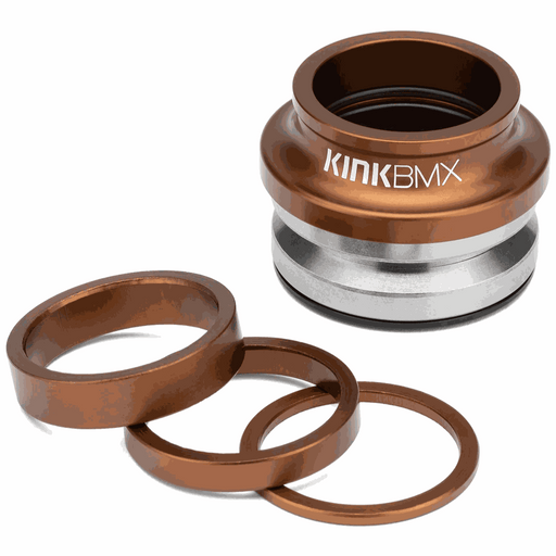 Kink Integrated BMX headset with sealed bearings, CNC dust cover, and color-matched stack spacers for integrated campy frames.