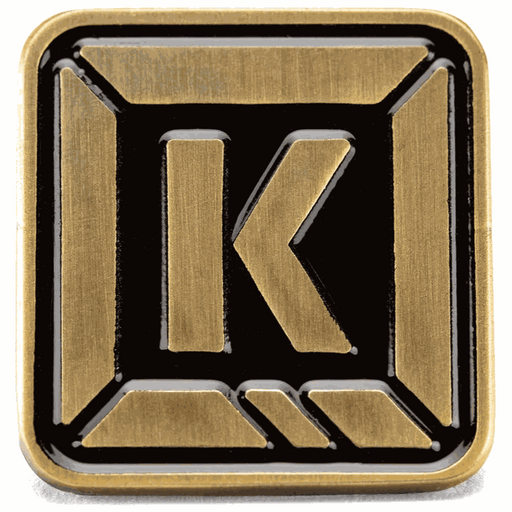 KINK K-BRICK custom-designed enamel pin with butterfly clutch backing in black and gold colors