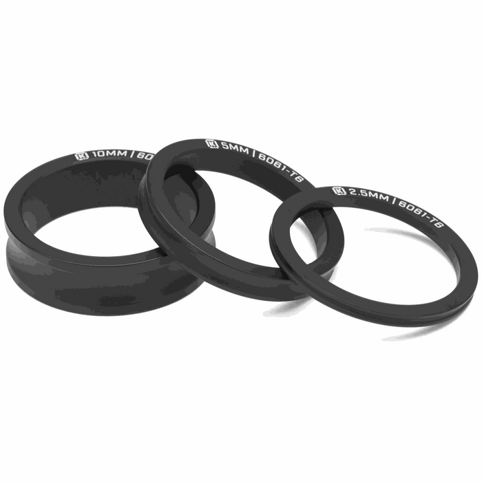 KINK STACK HEADSET spacer set with 2.5mm, 5mm, and 10mm black CNC machined 6061-T6 aluminum rings for handlebar height adjustment