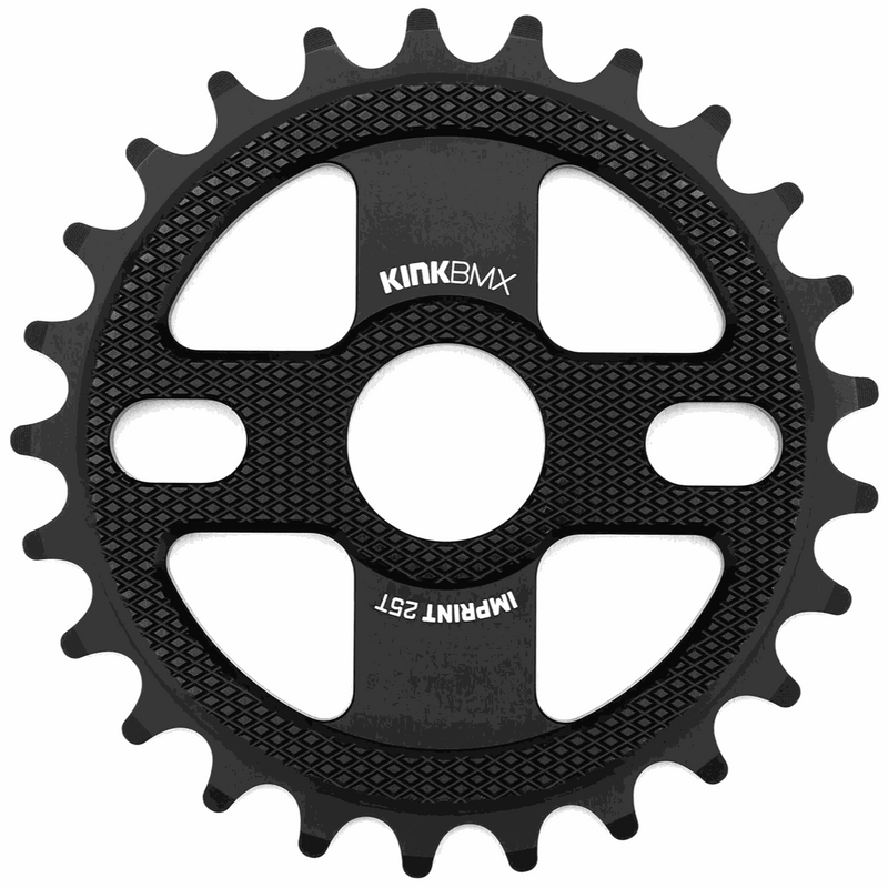 KINK Imprint sprocket made of 7075-T6 aluminum with four-spoke design and machined surface pattern for BMX bikes