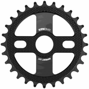 Kink Imprint sprocket black 7075-T6 aluminum BMX bike sprocket with four spokes and machined surface pattern.