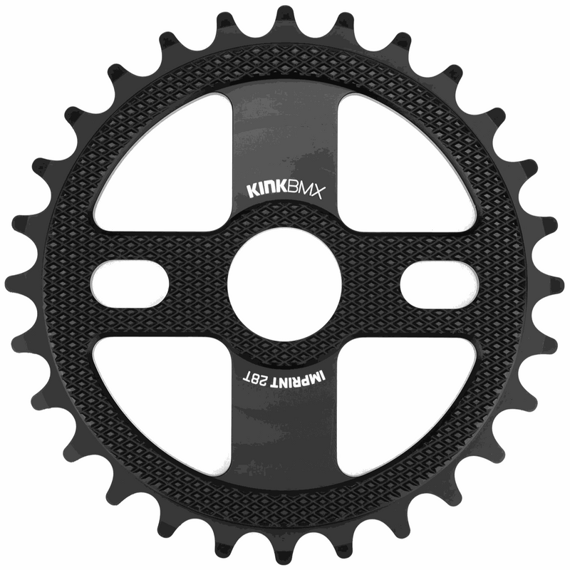 Kink Imprint sprocket black 7075-T6 aluminum BMX bike sprocket with four spokes and machined surface pattern.