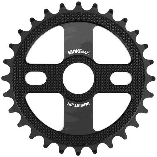Kink Imprint sprocket black 7075-T6 aluminum BMX bike sprocket with four spokes and machined surface pattern.