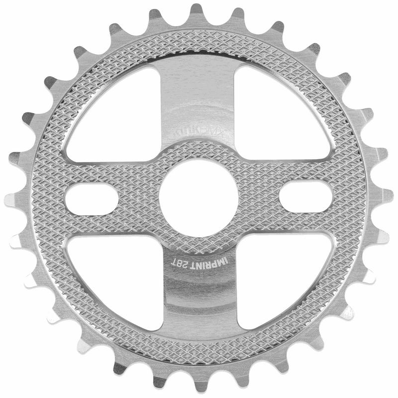 Kink Imprint sprocket made of 7075-T6 aluminum with a four-spoke design and machined surface pattern for BMX bikes.