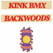 KINK BACKWOODS DECAL KIT with red lettering and hexagonal purple and yellow design decals for BMX frame customization