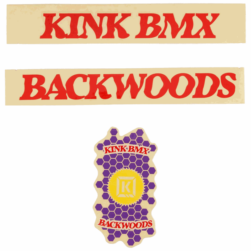 KINK BACKWOODS DECAL KIT with red lettering and hexagonal purple and yellow design decals for BMX frame customization