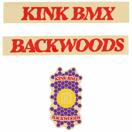KINK BACKWOODS DECAL KIT with red lettering and hexagonal purple and yellow design decals for BMX frame customization