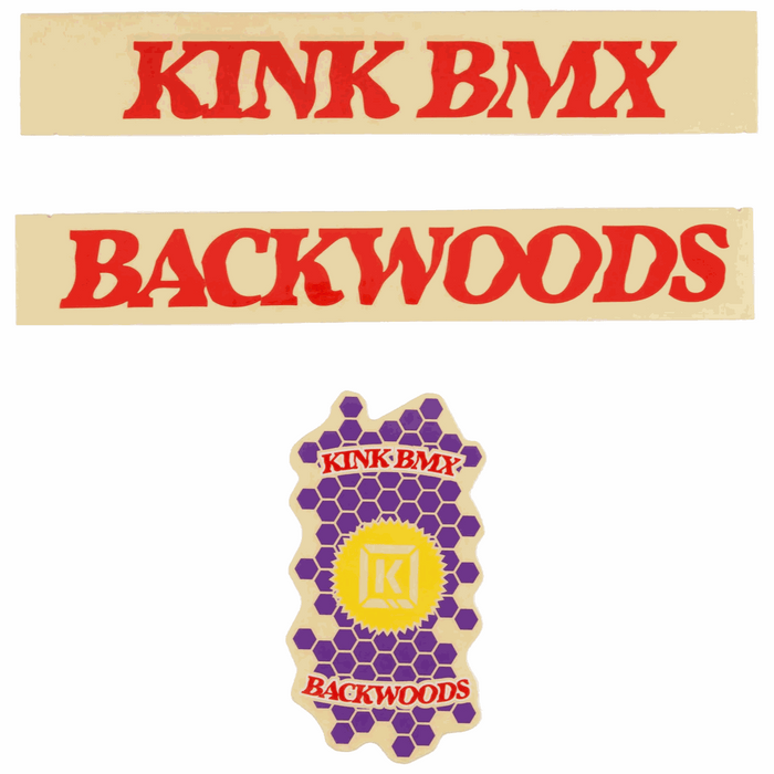 KINK BACKWOODS DECAL KIT with red lettering and hexagonal purple and yellow design decals for BMX frame customization