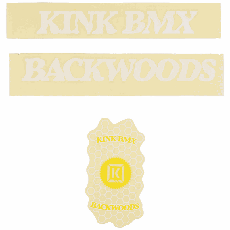 Kink Backwoods decal kit with yellow and beige BMX frame stickers