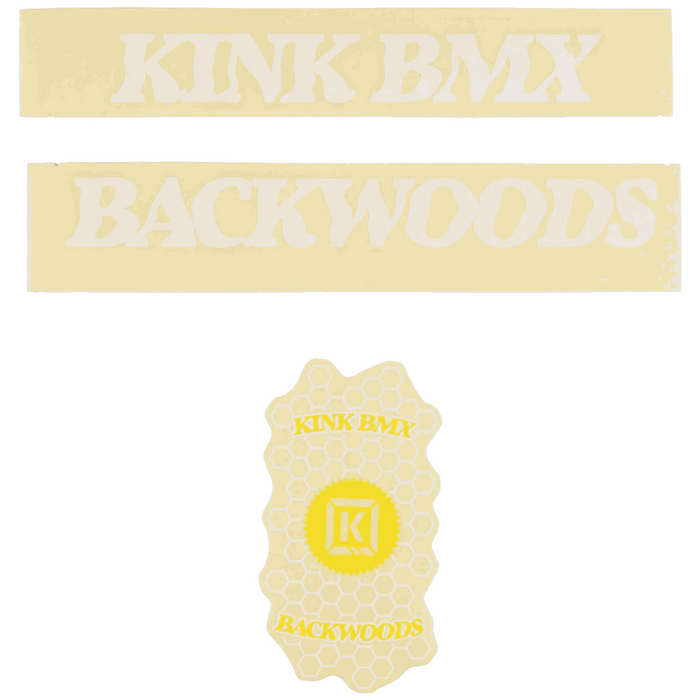 Kink Backwoods decal kit with yellow and beige BMX frame stickers
