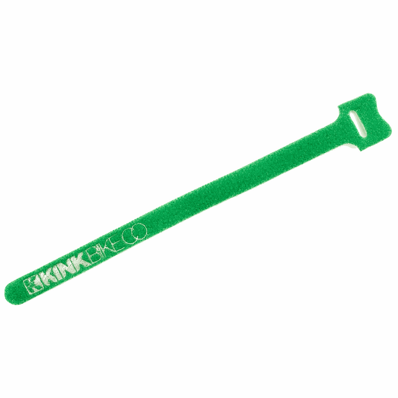 Green KINK Velcro strap for securing brake cables on bikes.