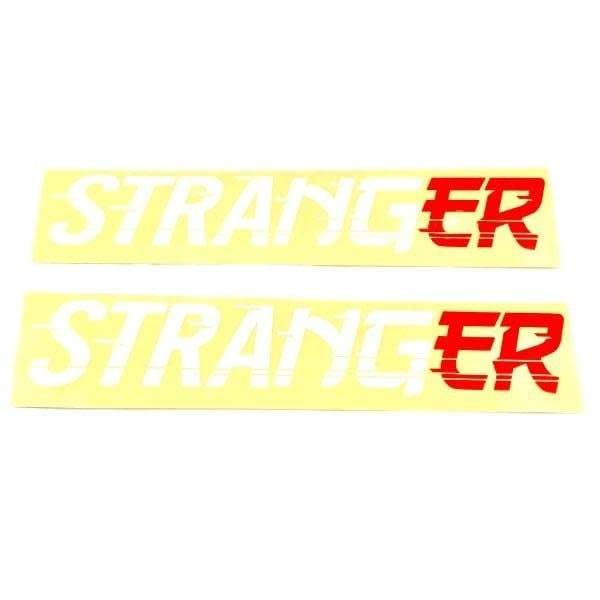 STRANGER DRIFT sticker set with bold white and red text, sold in packs of two