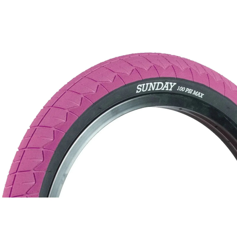 Purple Sunday Current V2 20x2.40 inch BMX tire with directional tread and 100 PSI max pressure