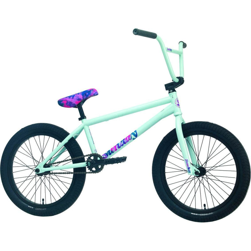 Sunday Forecaster BMX bike with 100% chromoly frame, matte sky blue finish, and pink-purple saddle.
