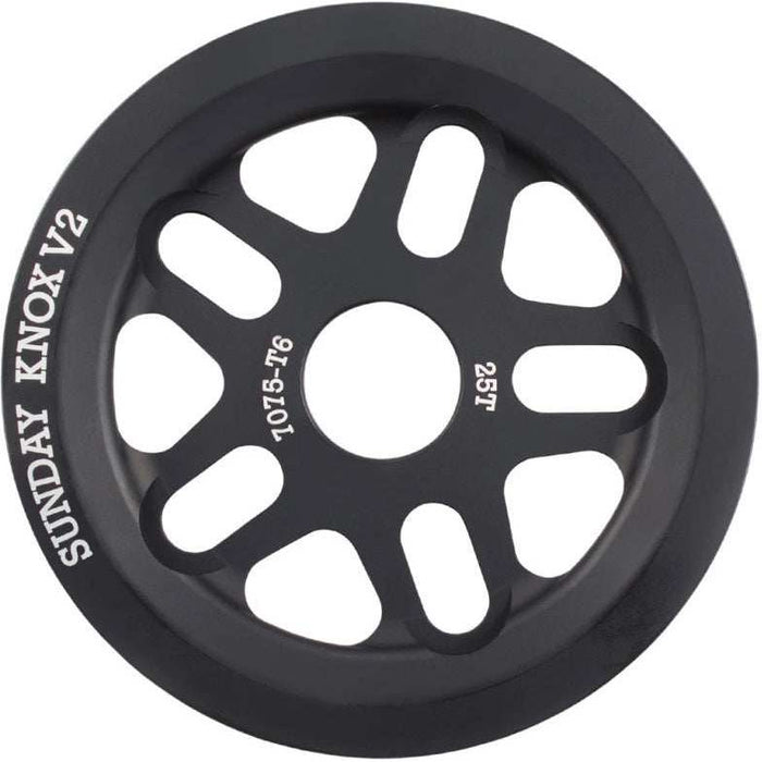 Sunday Knox V2 sprocket guard in black, CNC machined 7075-T6 aluminum, 25T size, 6mm thick for BMX chain protection