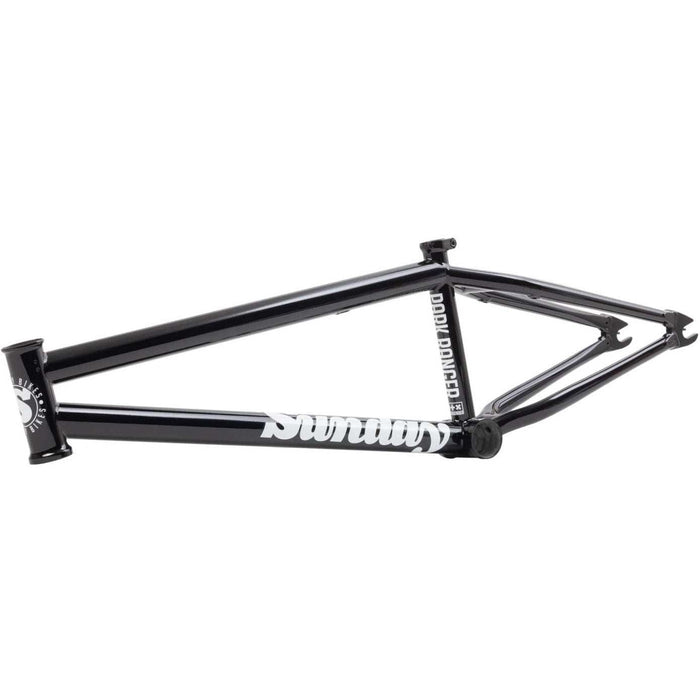 Sunday Park Ranger black BMX bike frame designed for technical park and street riding with chromoly build and integrated chain tensioners.