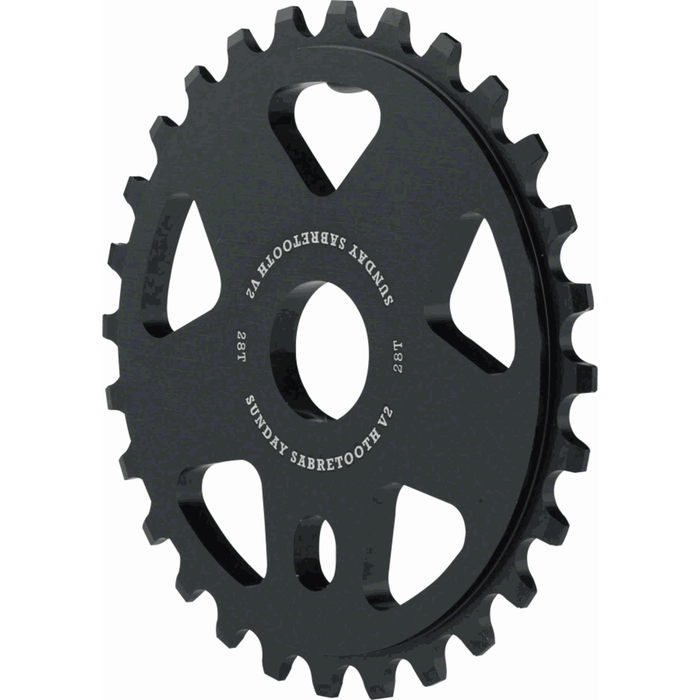 Black 28t Sunday Sabretooth v2 sprocket made from 6mm thick 6061-T6 aluminum