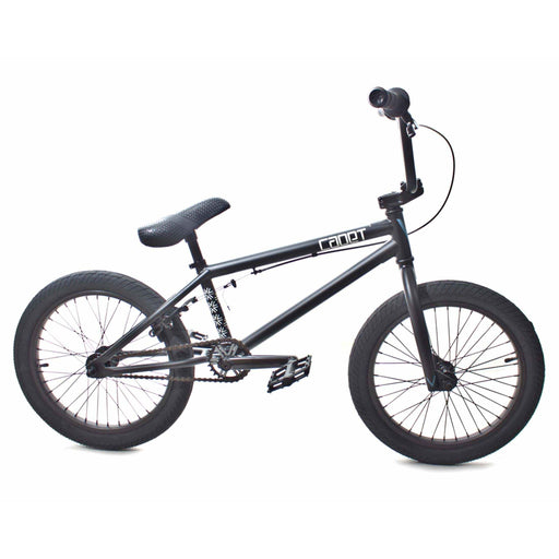 Black Verde Cadet 18 BMX bike with 18-inch wheels, chromoly cranks, and sealed bearings for young riders.