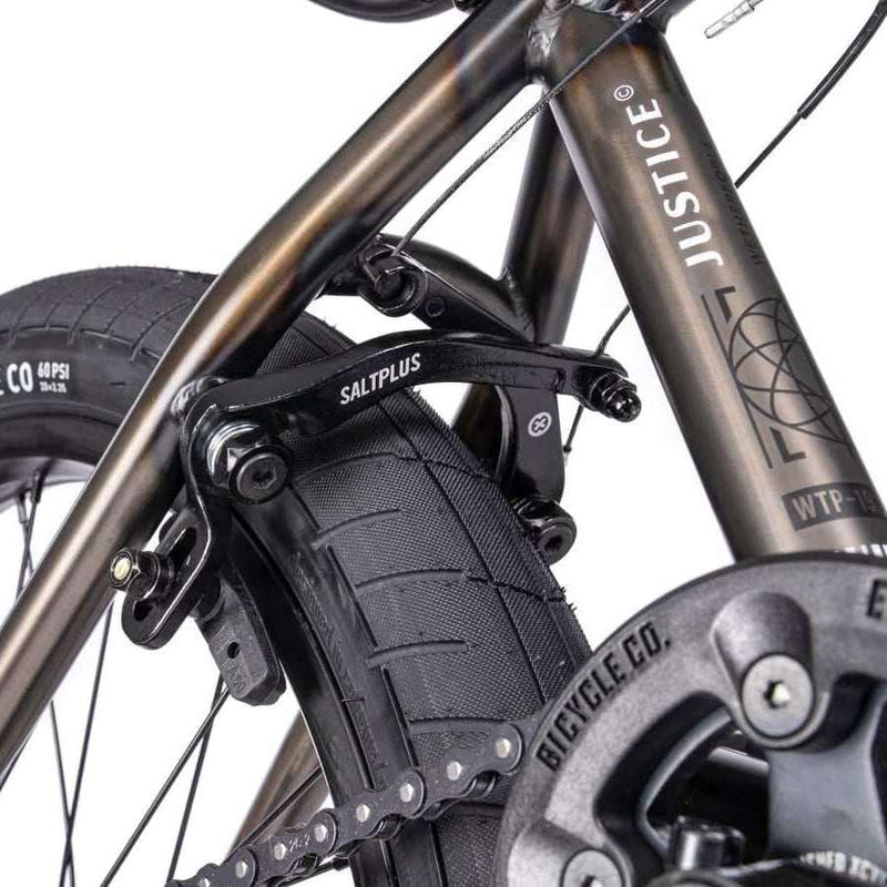 Close-up of the Wethepeople Justice Bike featuring Saltplus brake and Activate tire.