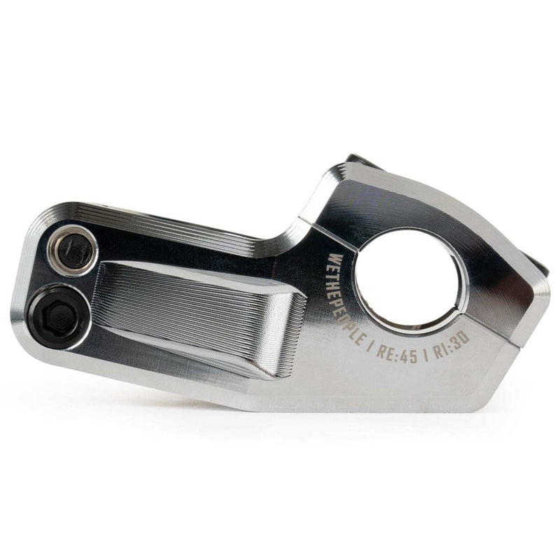Silver polished WETHEPEOPLE KIRA STEM flatland BMX bike stem with 45mm reach and 30mm rise, CNC machined 6061-T6 alloy design