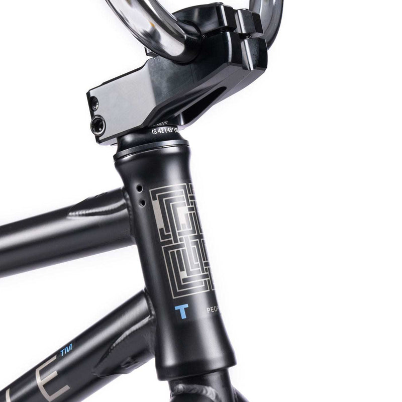 Close-up of the WETHEPEOPLE TRUST CS Complete Bike frame and handlebars, showcasing the sleek black design and high-quality components.