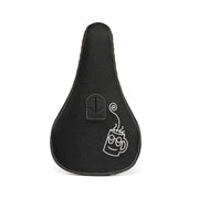 Black WETHEPEOPLE DAN BANKS signature BMX pivotal seat with embroidered steaming tea cup design and durable nylon cover