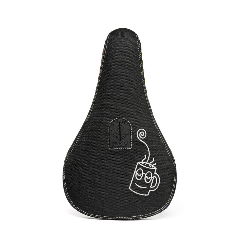 Black WETHEPEOPLE DAN BANKS signature BMX pivotal seat with embroidered steaming tea cup design and durable nylon cover