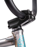 Close-up of WETHEPEOPLE JUSTICE BIKE handlebar stem and head tube with logo detail